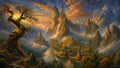 GRID THUMBNAIL — Golden-hour fantasy landscape with a towering mountain castle, arched skybridge, cascading waterfalls and a river village beneath dramatic clouds and a gnarled foreground tree.