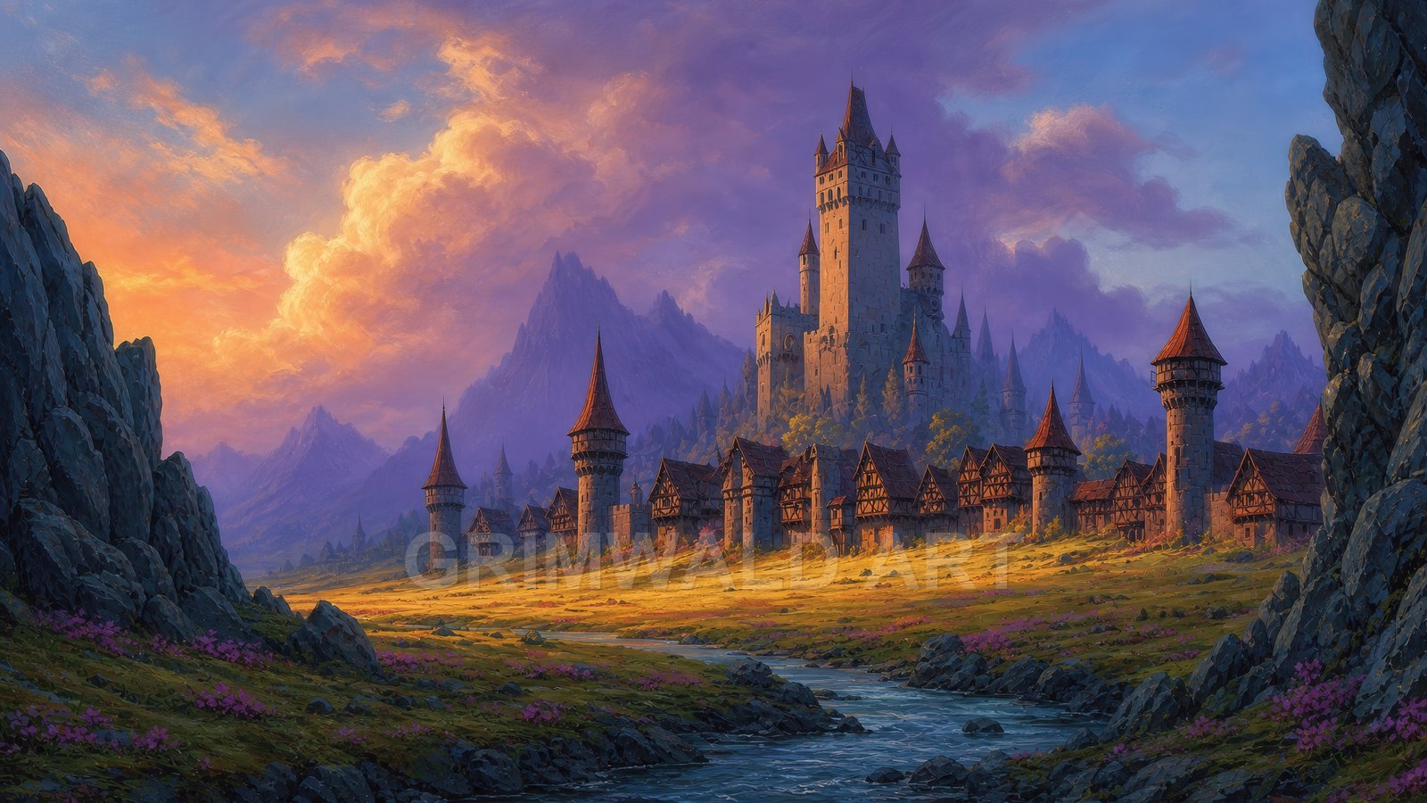 A grand stone castle and walled village sit in a mountain valley beside a winding river, under purple-orange clouds at golden hour.