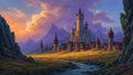 GRID THUMBNAIL — A grand stone castle and walled village sit in a mountain valley beside a winding river, under purple-orange clouds at golden hour.