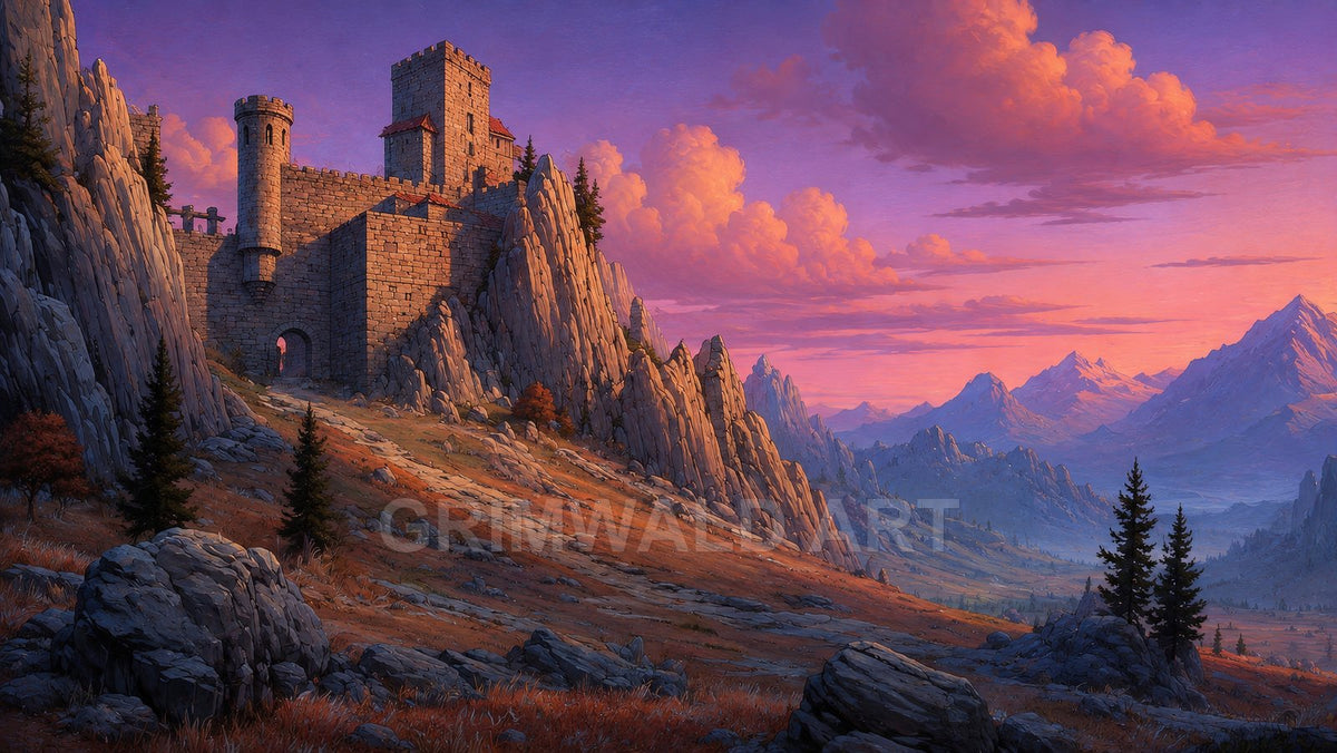 A stone fortress crowns jagged mountain cliffs above a winding path, opening to a vast valley and distant peaks beneath a vivid pink sunset.