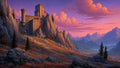 GRID THUMBNAIL — A stone fortress crowns jagged mountain cliffs above a winding path, opening to a vast valley and distant peaks beneath a vivid pink sunset.