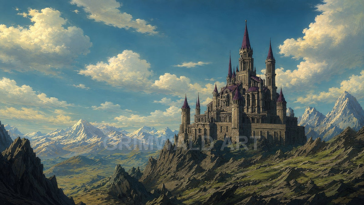 Grand stone castle with purple spires on a rocky ridge, overlooking alpine valleys and snow-capped peaks beneath a bright blue, cloud-filled sky.