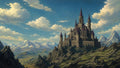 GRID THUMBNAIL — Grand stone castle with purple spires on a rocky ridge, overlooking alpine valleys and snow-capped peaks beneath a bright blue, cloud-filled sky.