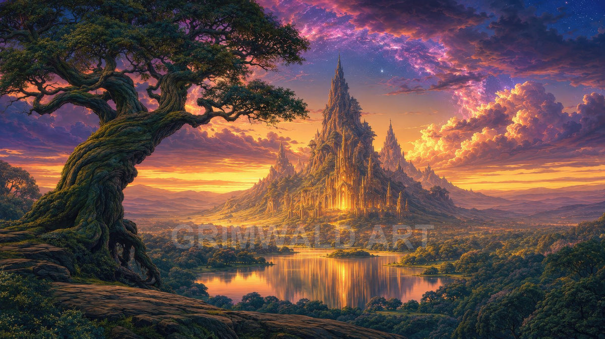 A towering golden-lit castle rises from a mountain above reflective lakes and forests at sunset, beneath vivid clouds and an arcing starry sky.