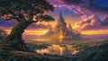 GRID THUMBNAIL — A towering golden-lit castle rises from a mountain above reflective lakes and forests at sunset, beneath vivid clouds and an arcing starry sky.
