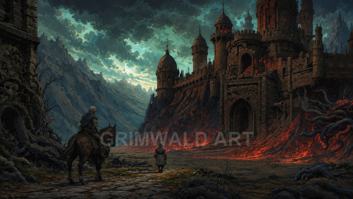 Towering stone fortress above a molten lava moat under stormy teal skies, with two travellers approaching along a rocky path amid jagged mountains.