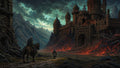 GRID THUMBNAIL — Towering stone fortress above a molten lava moat under stormy teal skies, with two travellers approaching along a rocky path amid jagged mountains.
