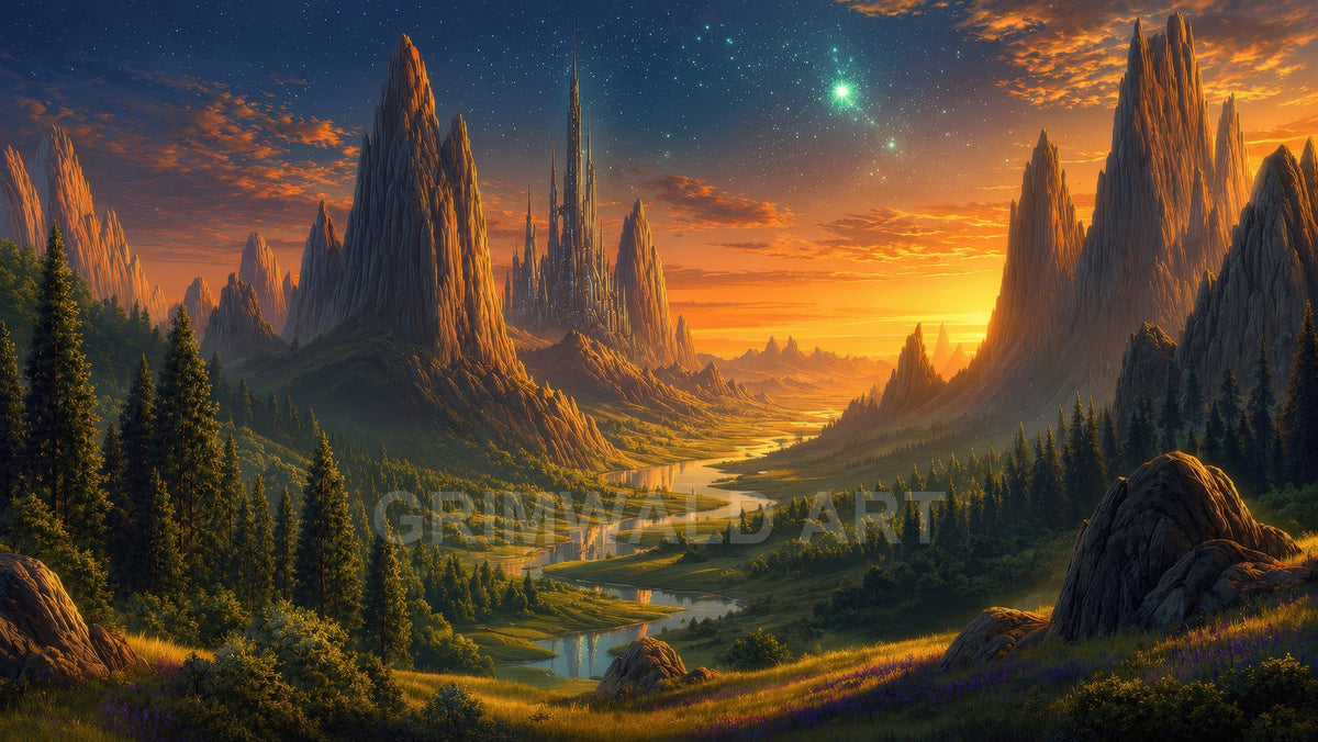 Golden sunset over a fantastical mountain valley with jagged peaks, towering spired castle, winding reflective river, pine forests, and early stars appearing.