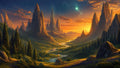 GRID THUMBNAIL — Golden sunset over a fantastical mountain valley with jagged peaks, towering spired castle, winding reflective river, pine forests, and early stars appearing.