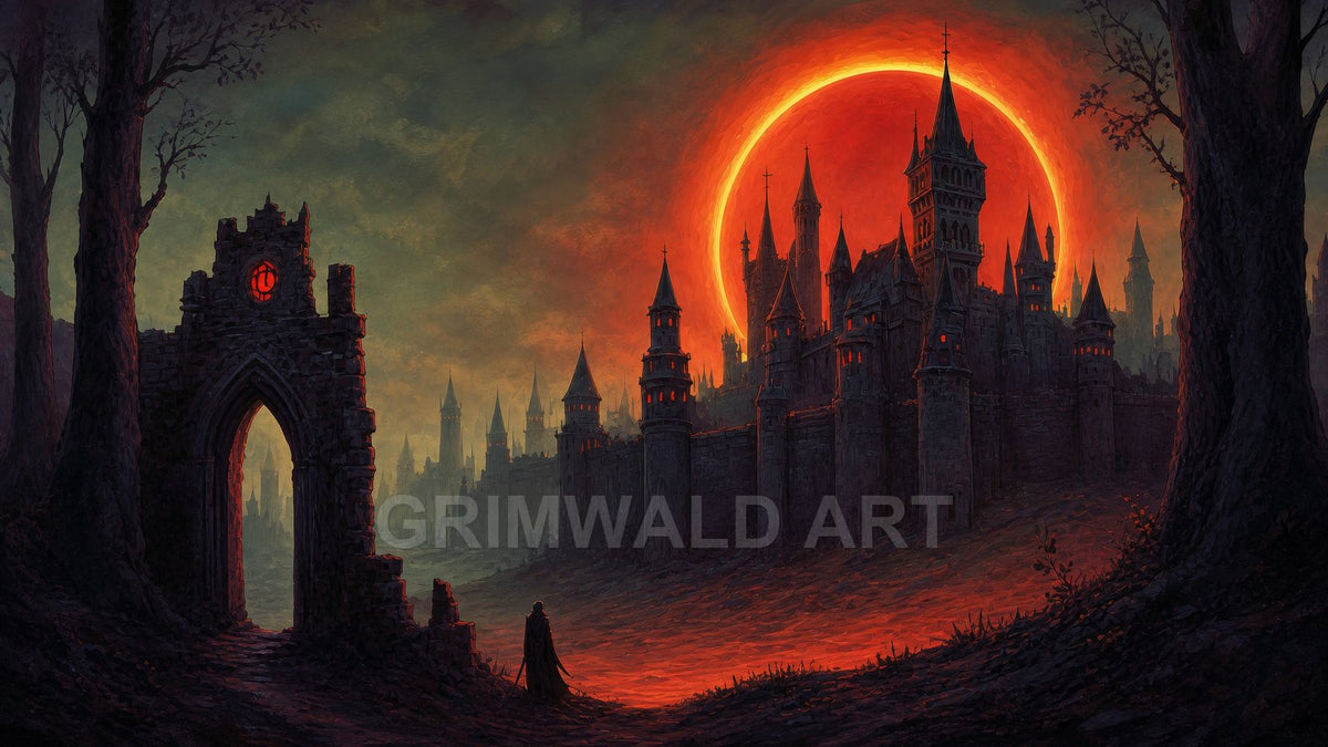 Dark gothic castle with glowing windows under a vast red eclipse, seen beyond a ruined arch and trees at twilight, cloaked figure approaching.