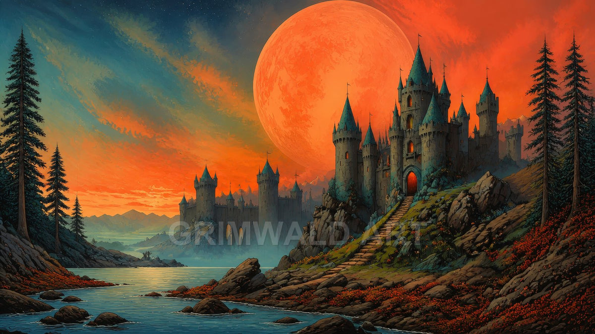 Fantasy castle on rocky cliffs beside a calm lake under a vast red moon at sunset, with pine trees and distant mountains.