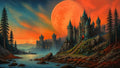 GRID THUMBNAIL — Fantasy castle on rocky cliffs beside a calm lake under a vast red moon at sunset, with pine trees and distant mountains.