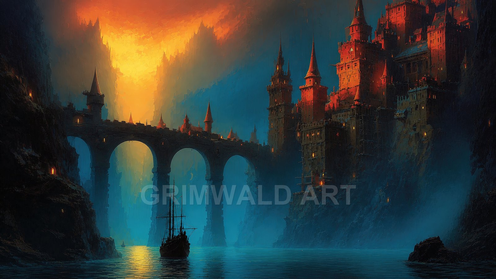 A towering cliffside castle glows red at sunset above an arched stone bridge and misty coastal inlet with a silhouetted sailing ship.