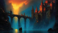 GRID THUMBNAIL — A towering cliffside castle glows red at sunset above an arched stone bridge and misty coastal inlet with a silhouetted sailing ship.