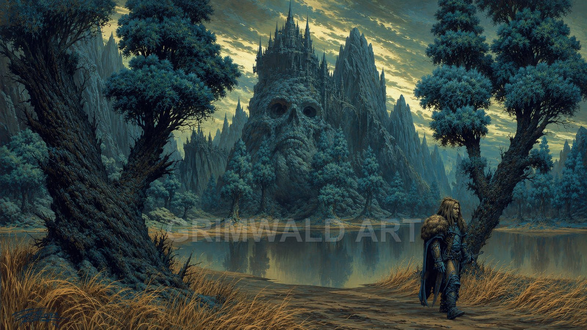 Fantasy landscape of a skull-faced mountain crowned by a looming castle, reflected in a still lake amid dark trees, with a lone armoured wanderer.