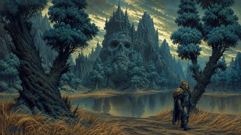 GRID THUMBNAIL — Fantasy landscape of a skull-faced mountain crowned by a looming castle, reflected in a still lake amid dark trees, with a lone armoured wanderer.