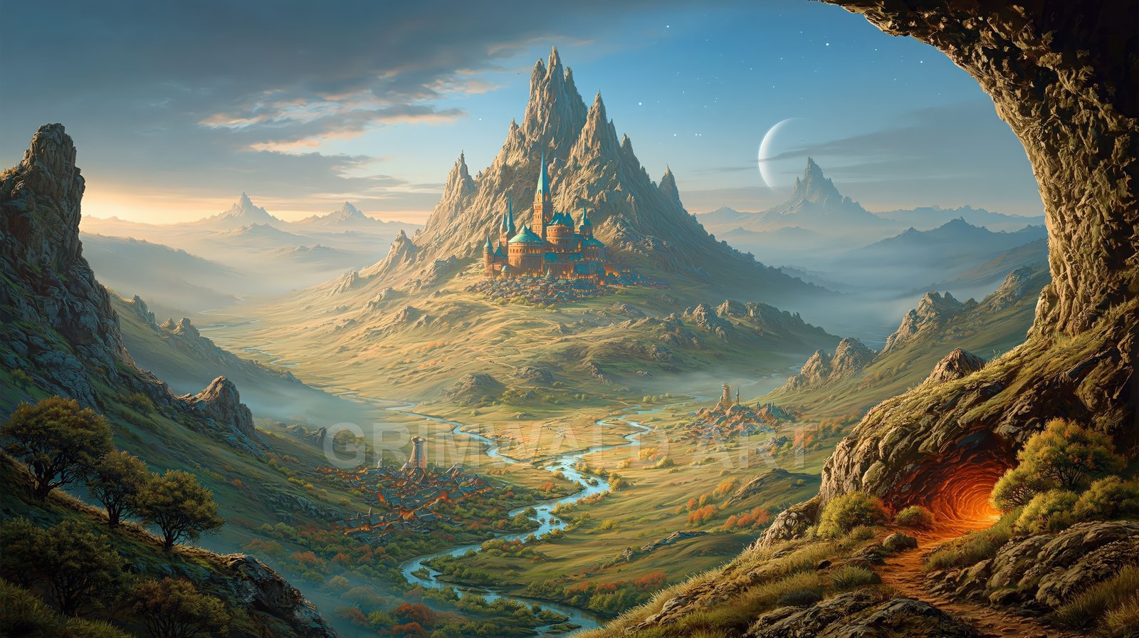 A sweeping valley with a mountain-top castle, winding river, distant peaks, moonlit sky, and a glowing cave in the foreground at golden hour.