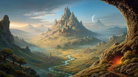 GRID THUMBNAIL — A sweeping valley with a mountain-top castle, winding river, distant peaks, moonlit sky, and a glowing cave in the foreground at golden hour.