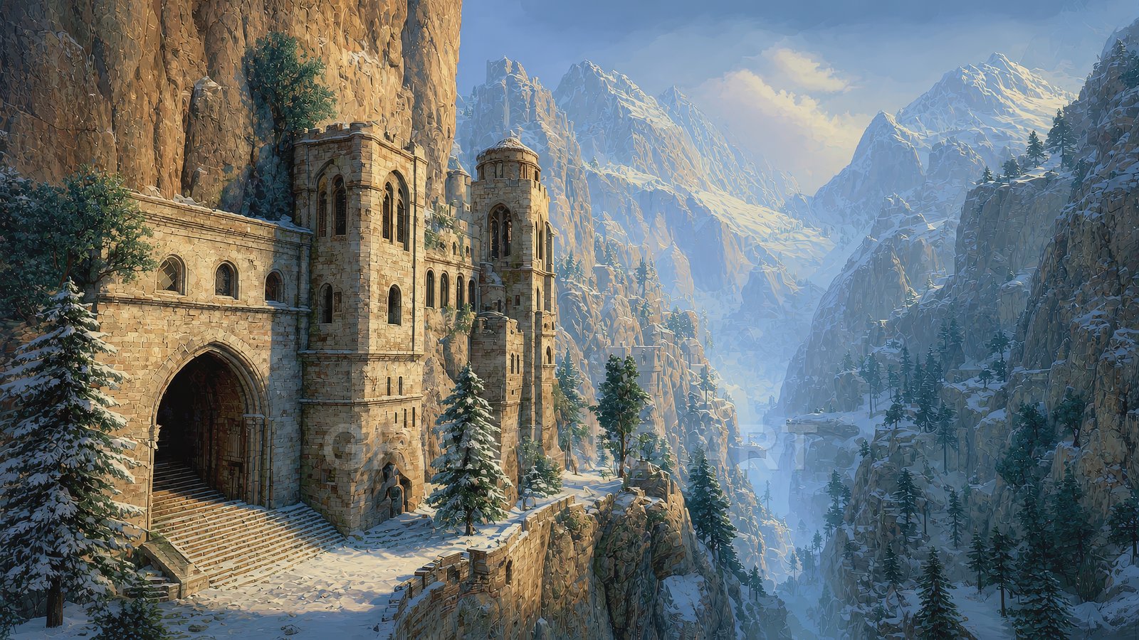 Ancient stone castle clings to snowy cliffs above a pine-filled mountain valley, bathed in warm golden light beneath a pale blue sky.