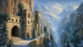 GRID THUMBNAIL — Ancient stone castle clings to snowy cliffs above a pine-filled mountain valley, bathed in warm golden light beneath a pale blue sky.