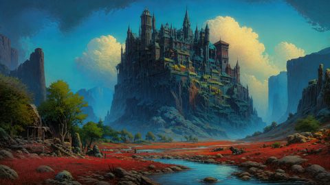 GRID THUMBNAIL — Towering cliff-top citadel overlooks a crimson valley with a winding river, framed by rocky canyons, green trees, and bright blue sky with billowing clouds.