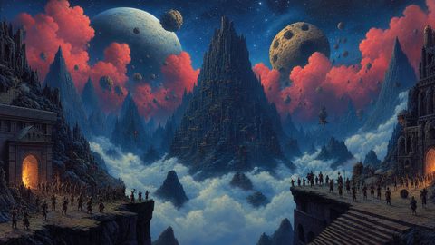 GRID THUMBNAIL — Vast fantasy mountain-city above clouds at night with red clouds, multiple moons, crowds by glowing gates, and a drifting airship.