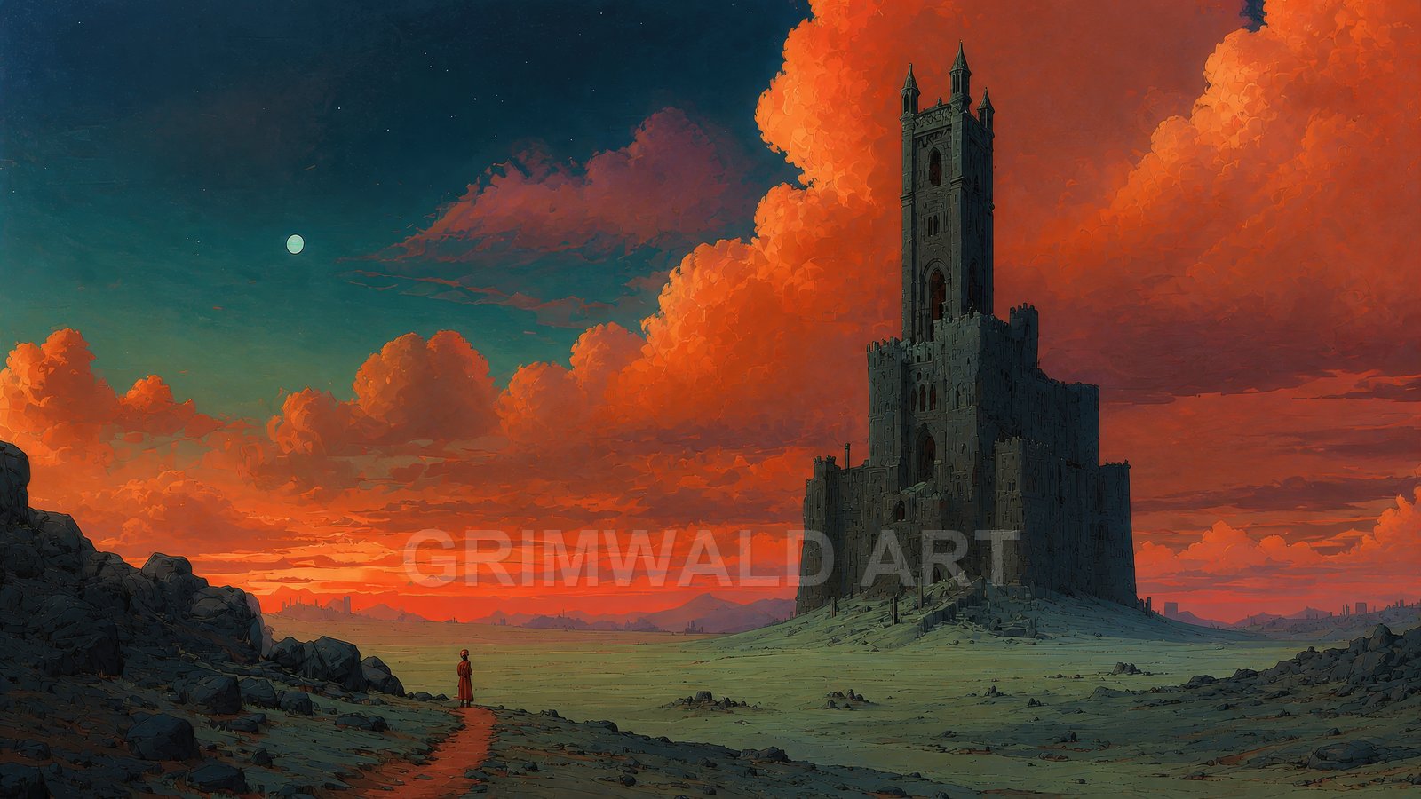 A dark, towering castle rises from a barren plain beneath vivid orange sunset clouds, a small lone figure standing on a winding path.