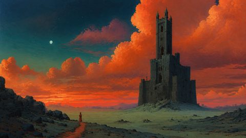 GRID THUMBNAIL — A dark, towering castle rises from a barren plain beneath vivid orange sunset clouds, a small lone figure standing on a winding path.