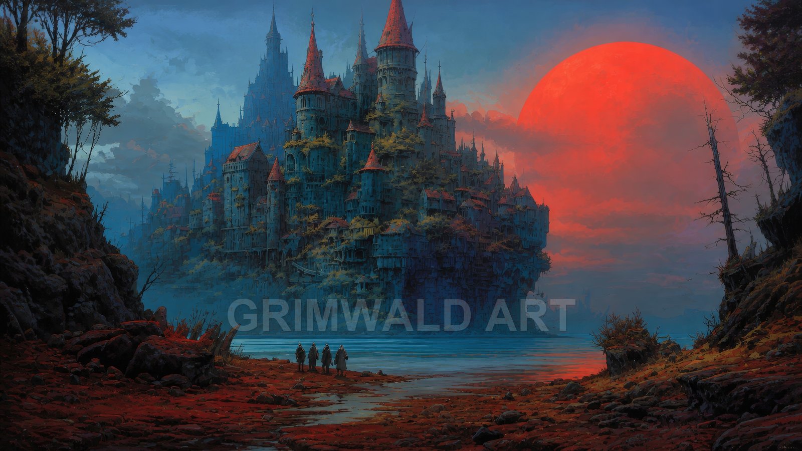 Vast gothic castle with red rooftops rises beside a still lake under a huge red moon, viewed from a rocky, tree-lined shore.