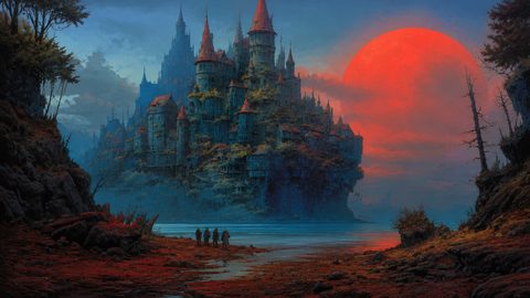 GRID THUMBNAIL — Vast gothic castle with red rooftops rises beside a still lake under a huge red moon, viewed from a rocky, tree-lined shore.