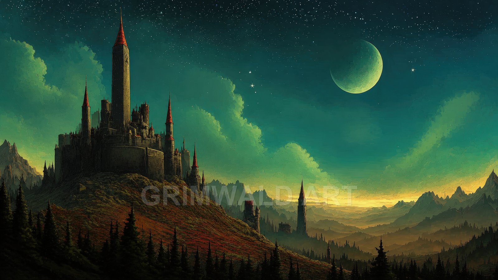A towering hilltop castle with red spires overlooks pine forests and misty mountains beneath a starry twilight sky and crescent moon.