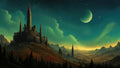 GRID THUMBNAIL — A towering hilltop castle with red spires overlooks pine forests and misty mountains beneath a starry twilight sky and crescent moon.