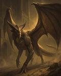 GRID THUMBNAIL — A massive horned dragon with tattered wings prowls through dusty stone ruins, golden eyes glowing in dim twilight, sepia-brown, dark fantasy atmosphere.