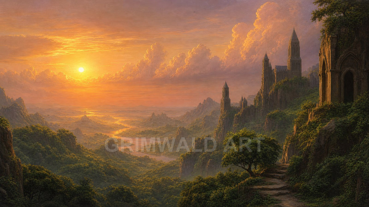 Panoramic fantasy valley at sunset with golden sky, winding rivers and forested mountains, gothic castles on cliffs beside a path and tree.