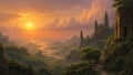 GRID THUMBNAIL — Panoramic fantasy valley at sunset with golden sky, winding rivers and forested mountains, gothic castles on cliffs beside a path and tree.