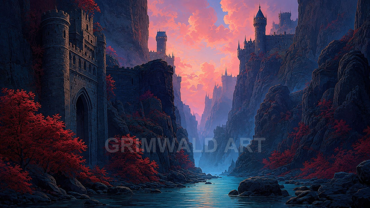 A twilight river winding through a steep canyon lined with stone castles and red-leaved trees beneath glowing pink and blue clouds.