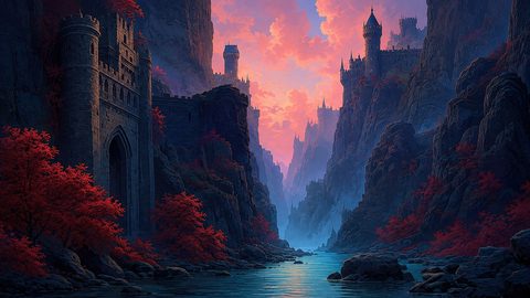 GRID THUMBNAIL — A twilight river winding through a steep canyon lined with stone castles and red-leaved trees beneath glowing pink and blue clouds.