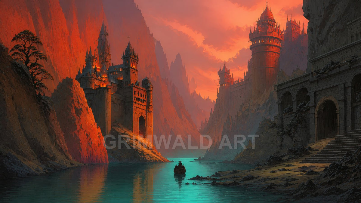 A lone boat drifts along a turquoise river between towering, firelit castles and steep canyon walls beneath a dramatic orange sunset sky.