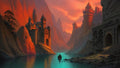 GRID THUMBNAIL — A lone boat drifts along a turquoise river between towering, firelit castles and steep canyon walls beneath a dramatic orange sunset sky.