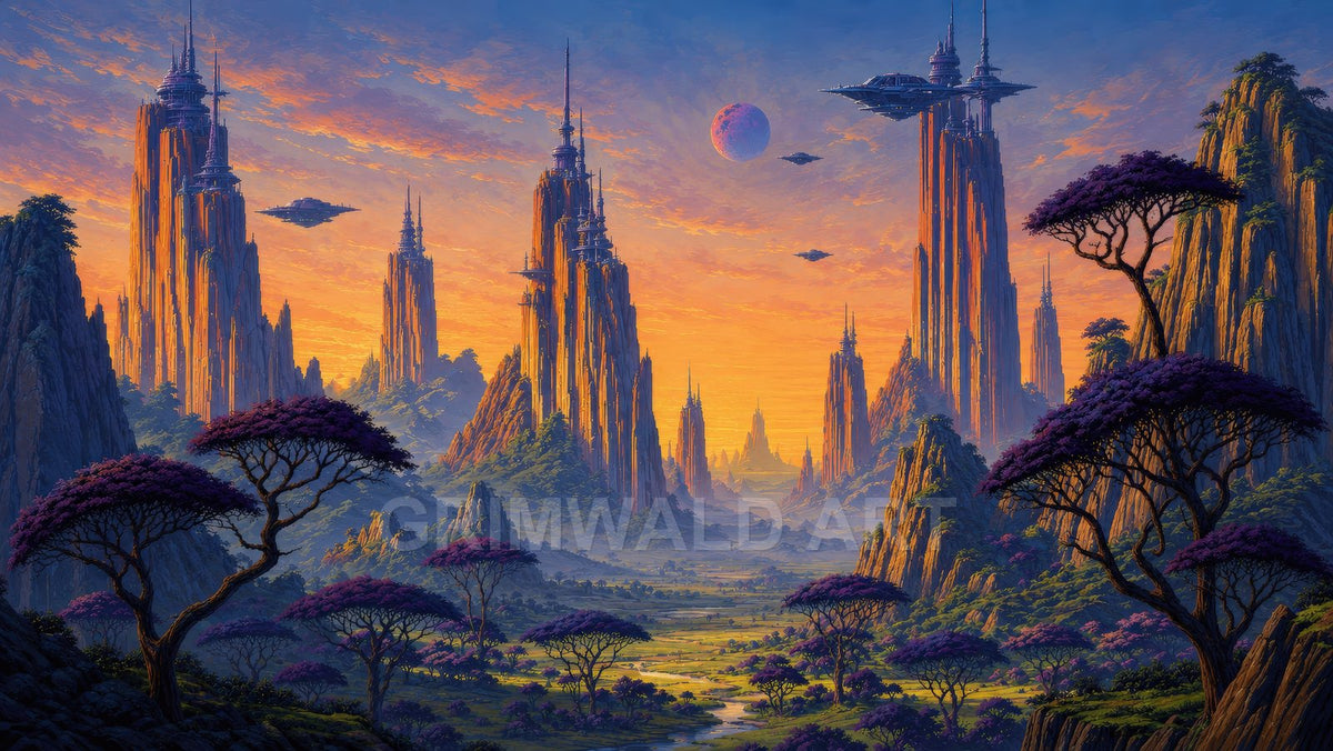 Alien landscape with towering spire-like cities, purple trees, flying spacecraft and a distant planet under an orange sunset sky with a winding river.