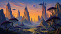 GRID THUMBNAIL — Alien landscape with towering spire-like cities, purple trees, flying spacecraft and a distant planet under an orange sunset sky with a winding river.