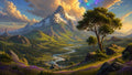 GRID THUMBNAIL — Expansive fantasy valley with a winding river beneath a towering snow-capped mountain, stone citadels on green slopes, purple wildflowers, lone tree, and glowing clouds.