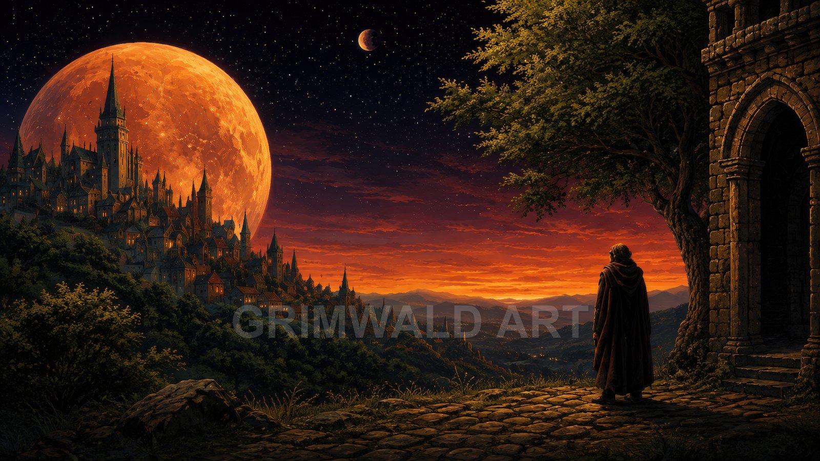Cloaked figure stands by a stone arch, overlooking a spired hillside city beneath a colossal orange moon and twilight stars.