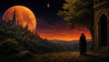 GRID THUMBNAIL — Cloaked figure stands by a stone arch, overlooking a spired hillside city beneath a colossal orange moon and twilight stars.