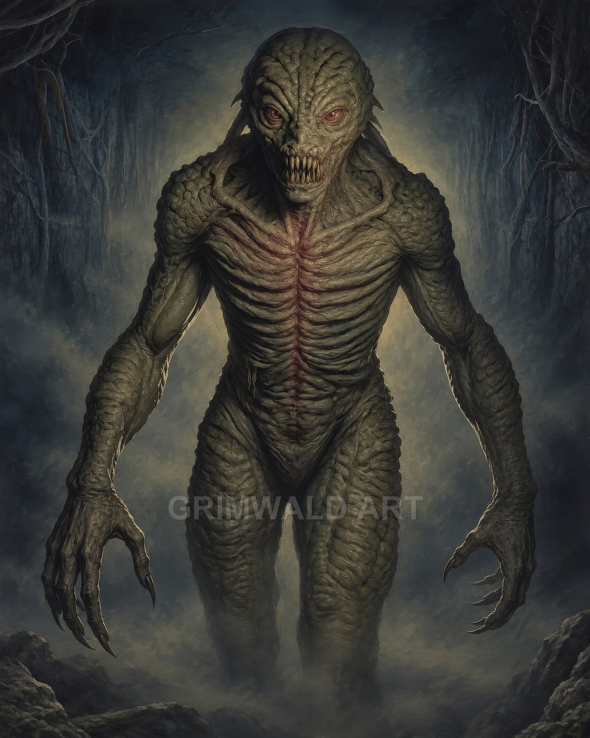 A towering reptilian demon with red eyes and clawed hands emerges from a misty, dark forest, lit from behind by cold moonlight.