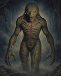 GRID THUMBNAIL — A towering reptilian demon with red eyes and clawed hands emerges from a misty, dark forest, lit from behind by cold moonlight.