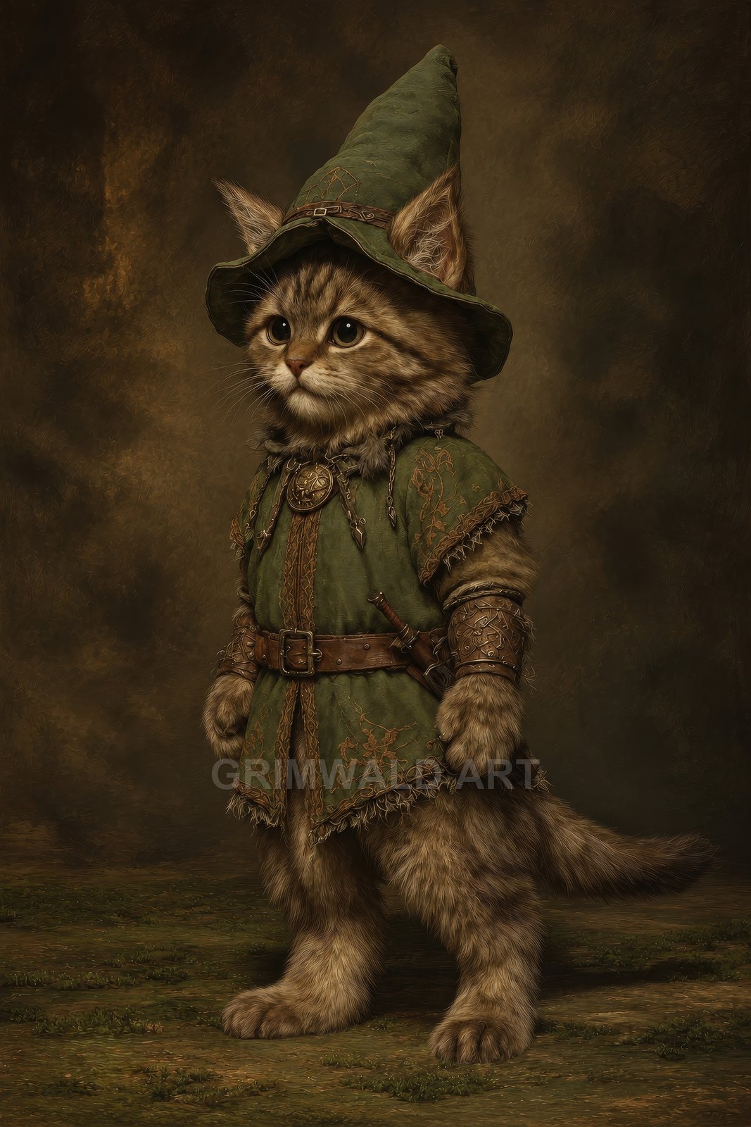Anthropomorphic kitten in green medieval tunic and pointed hat stands upright, belted with bracers and dagger, against a warm, textured studio background.
