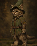 GRID THUMBNAIL — Anthropomorphic kitten in green medieval tunic and pointed hat stands upright, belted with bracers and dagger, against a warm, textured studio background.