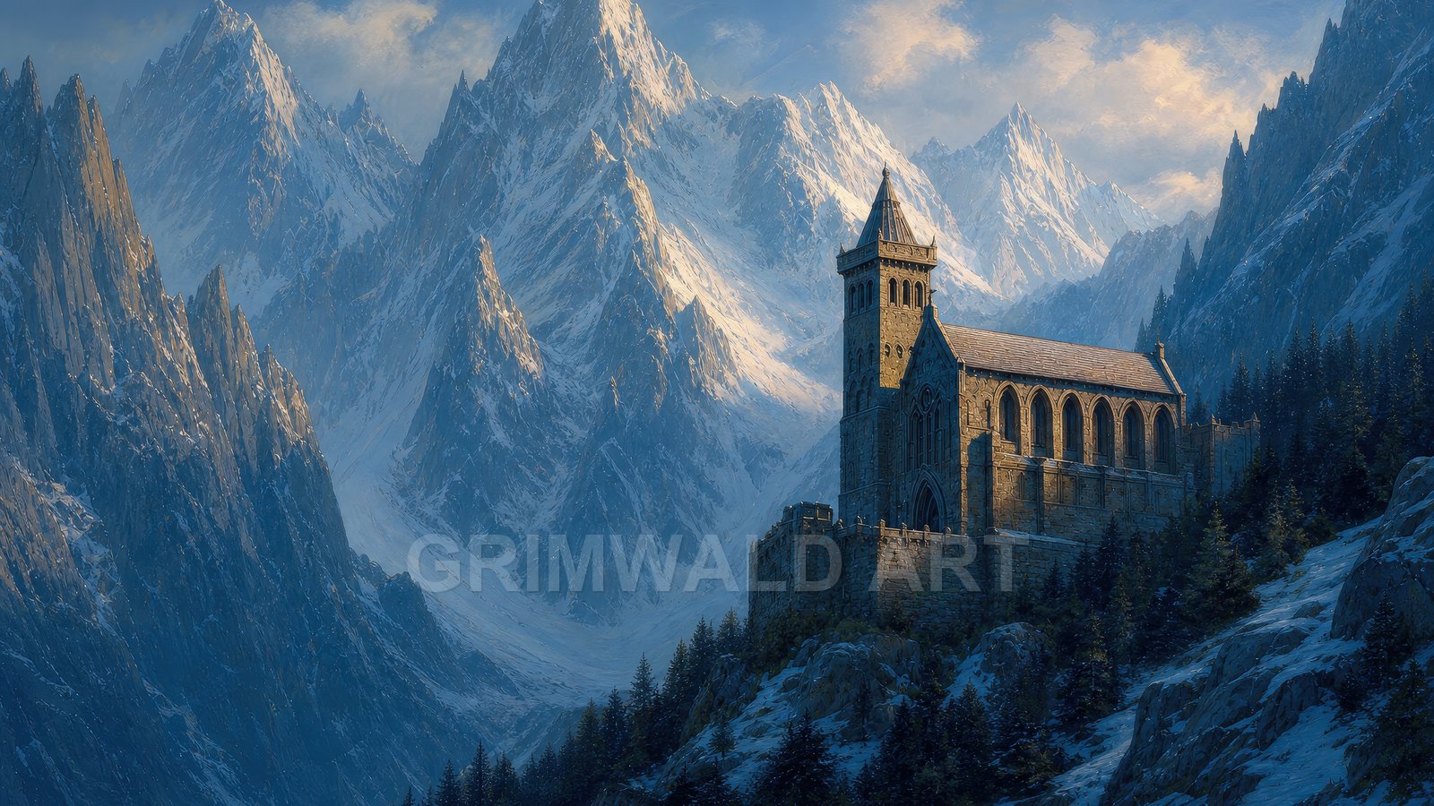 Stone cathedral perched on a snowy cliff above pine forests, illuminated by warm golden light, with towering jagged mountains rising in cold blue tones behind.