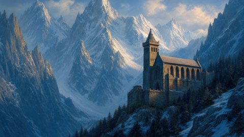GRID THUMBNAIL — Stone cathedral perched on a snowy cliff above pine forests, illuminated by warm golden light, with towering jagged mountains rising in cold blue tones behind.